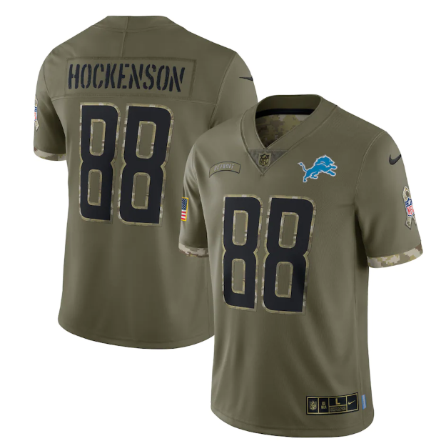 Men's Detroit Lions #88 T. J. Hockenson Olive 2022 Salute To Service Limited Stitched Jersey